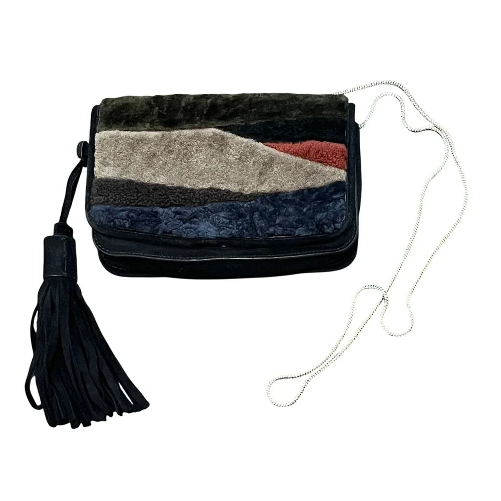 All Saints Purse Bando Shoulder Crossbody Shearling‎ Bag Colorblock Tassel